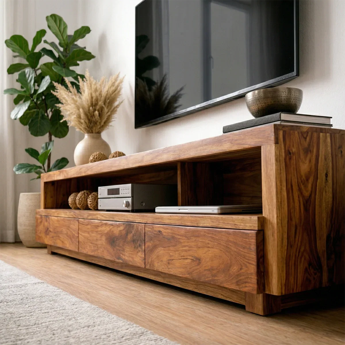 Handcrafted Solid Wood TV Stand with Full-Length Open Shelf and Hidden Drawer Storage - Rustiracraft 