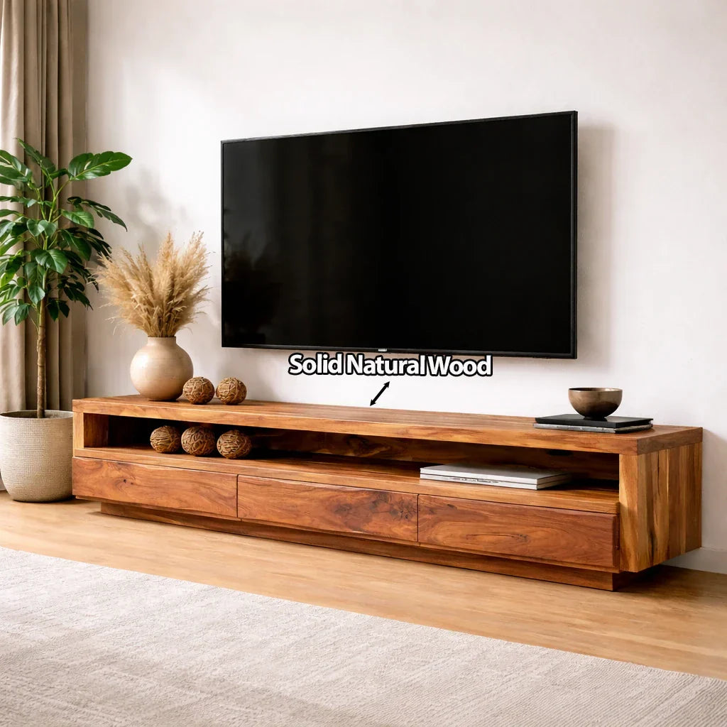 Handcrafted Solid Wood TV Stand with Full-Length Open Shelf and Hidden Drawer Storage - Rustiracraft 