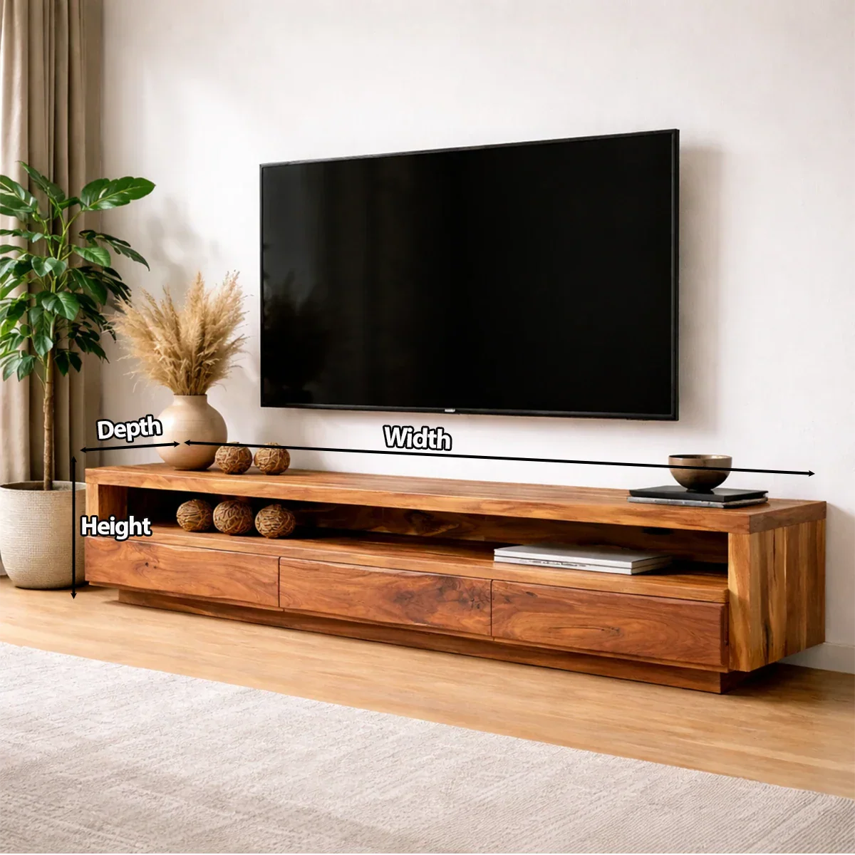 Handcrafted Solid Wood TV Stand with Full-Length Open Shelf and Hidden Drawer Storage - Rustiracraft 
