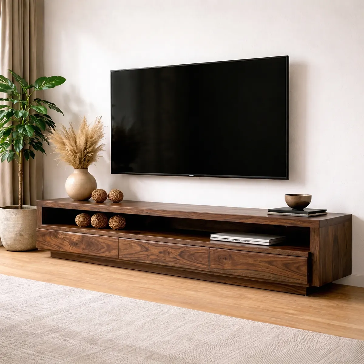 Handcrafted Solid Wood TV Stand with Full-Length Open Shelf and Hidden Drawer Storage - Rustiracraft 