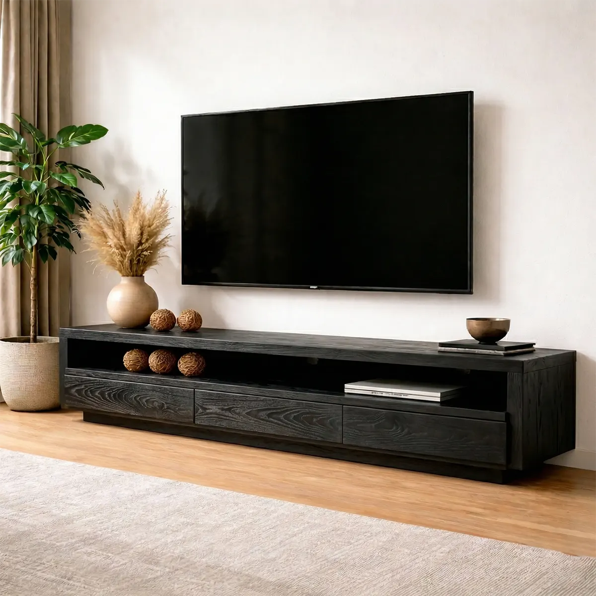 Handcrafted Solid Wood TV Stand with Full-Length Open Shelf and Hidden Drawer Storage - Rustiracraft 