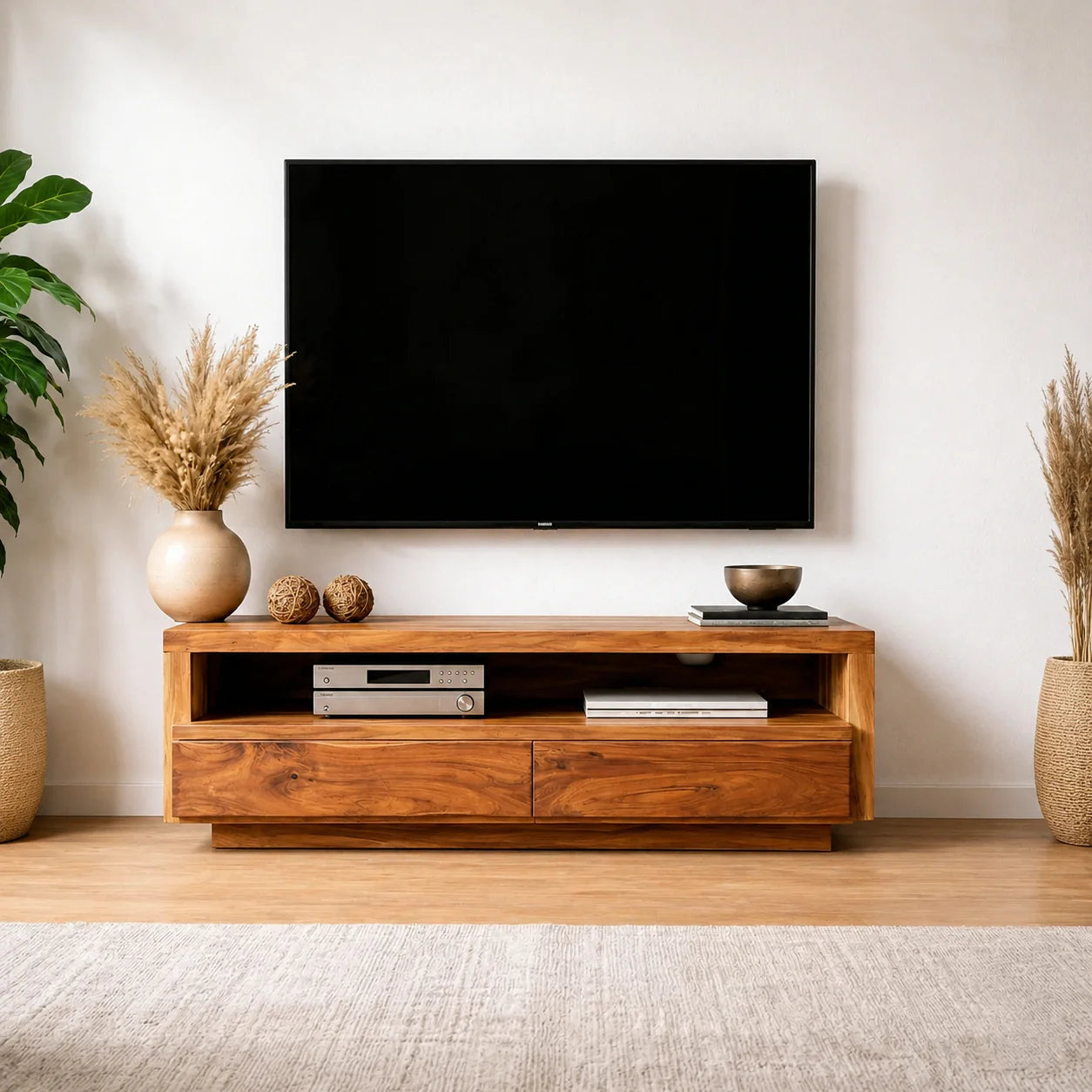 Handcrafted Solid Wood TV Stand with Full-Length Open Shelf and Hidden Drawer Storage - Rustiracraft