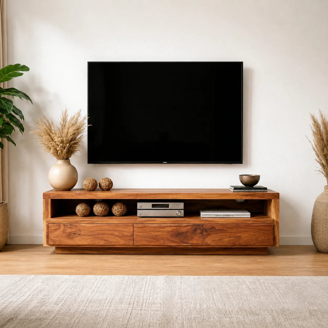 Handcrafted Solid Wood TV Stand with Full-Length Open Shelf and Hidden Drawer Storage - Rustiracraft