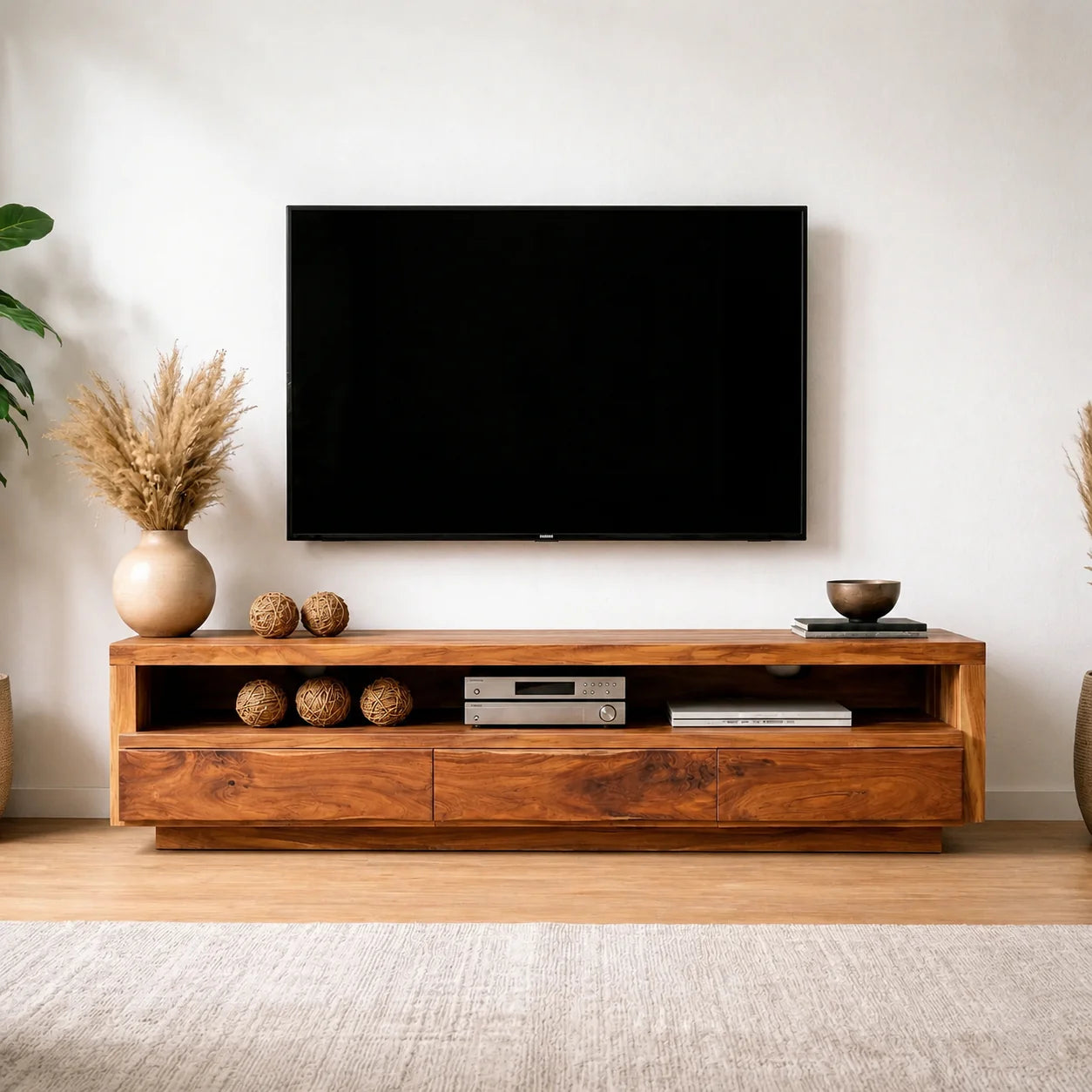 Handcrafted Solid Wood TV Stand with Full-Length Open Shelf and Hidden Drawer Storage - Rustiracraft
