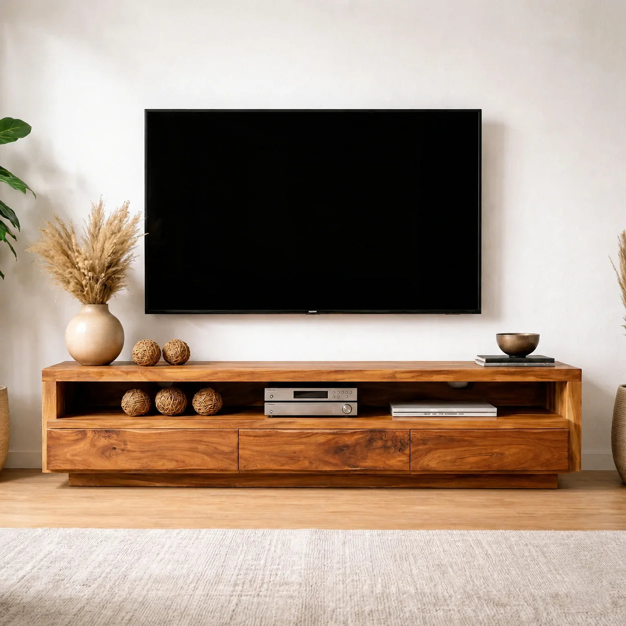 Handcrafted Solid Wood TV Stand with Full-Length Open Shelf and Hidden Drawer Storage - Rustiracraft