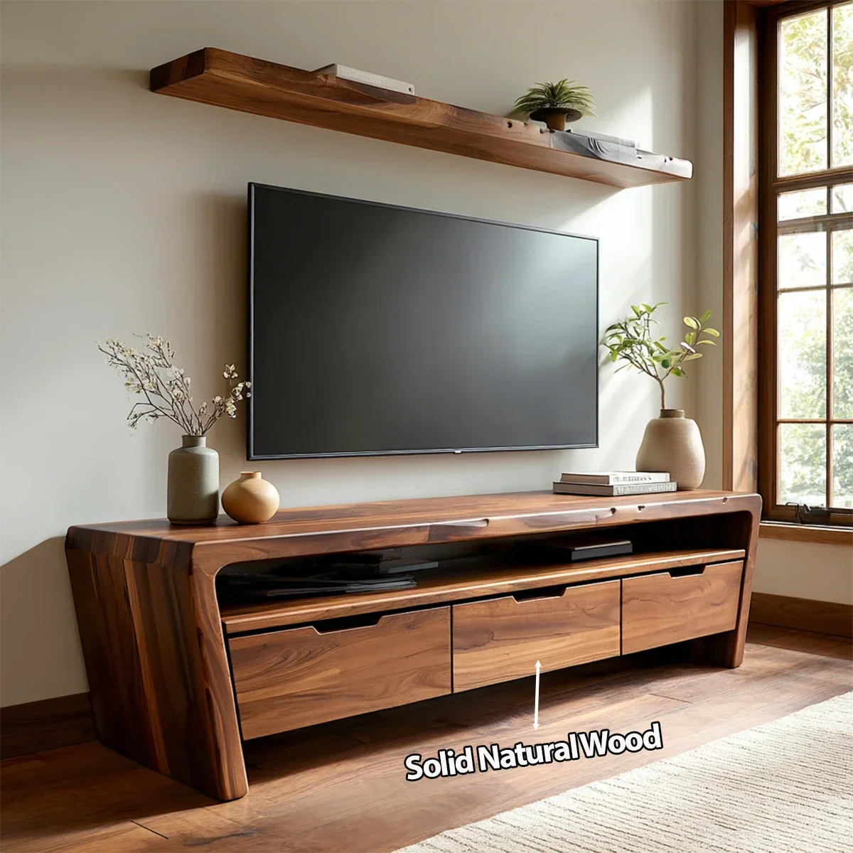Handcrafted Solid Wood TV Stand with Rounded Frame and Hidden Drawer Storage - Rustiracraft 