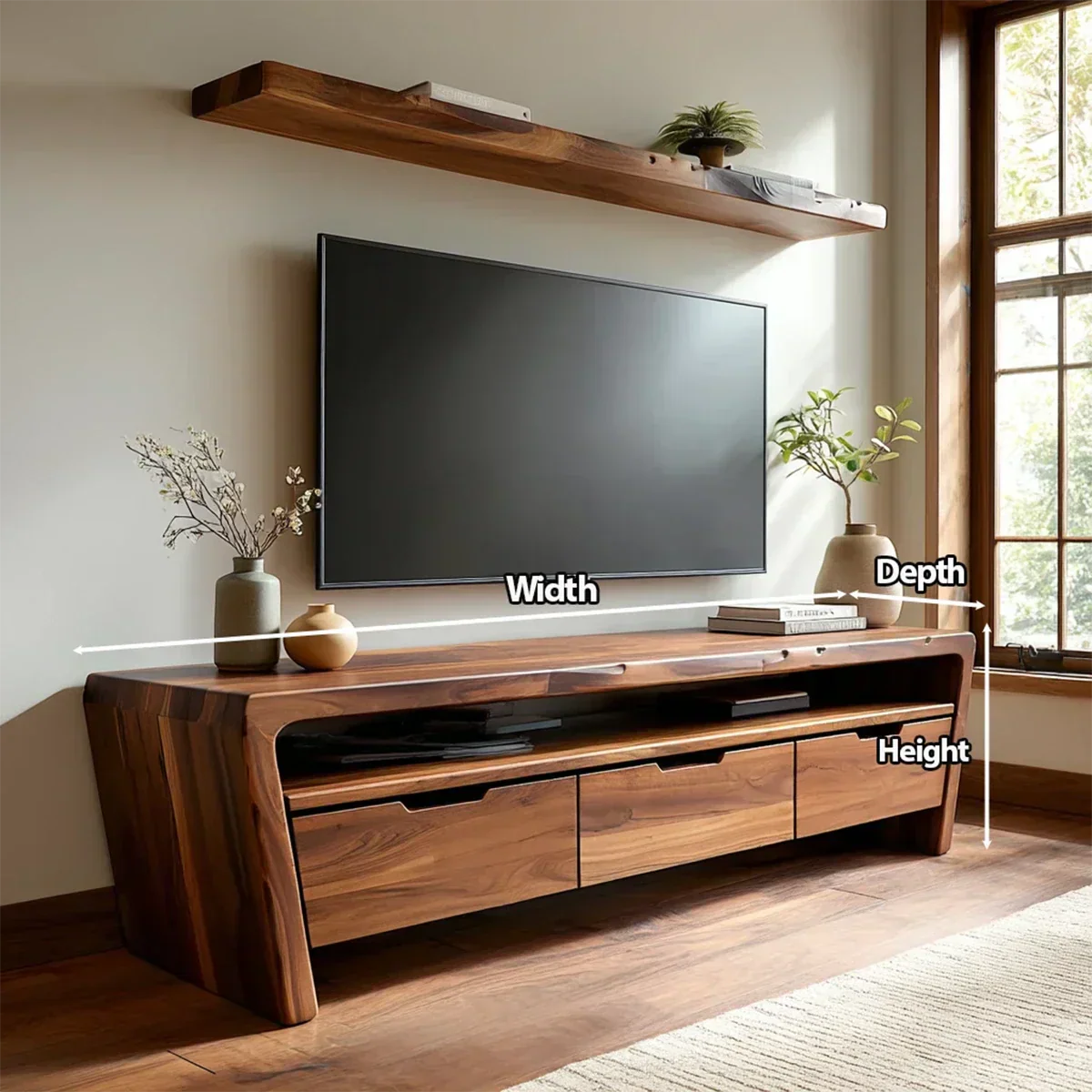 Handcrafted Solid Wood TV Stand with Rounded Frame and Hidden Drawer Storage - Rustiracraft
