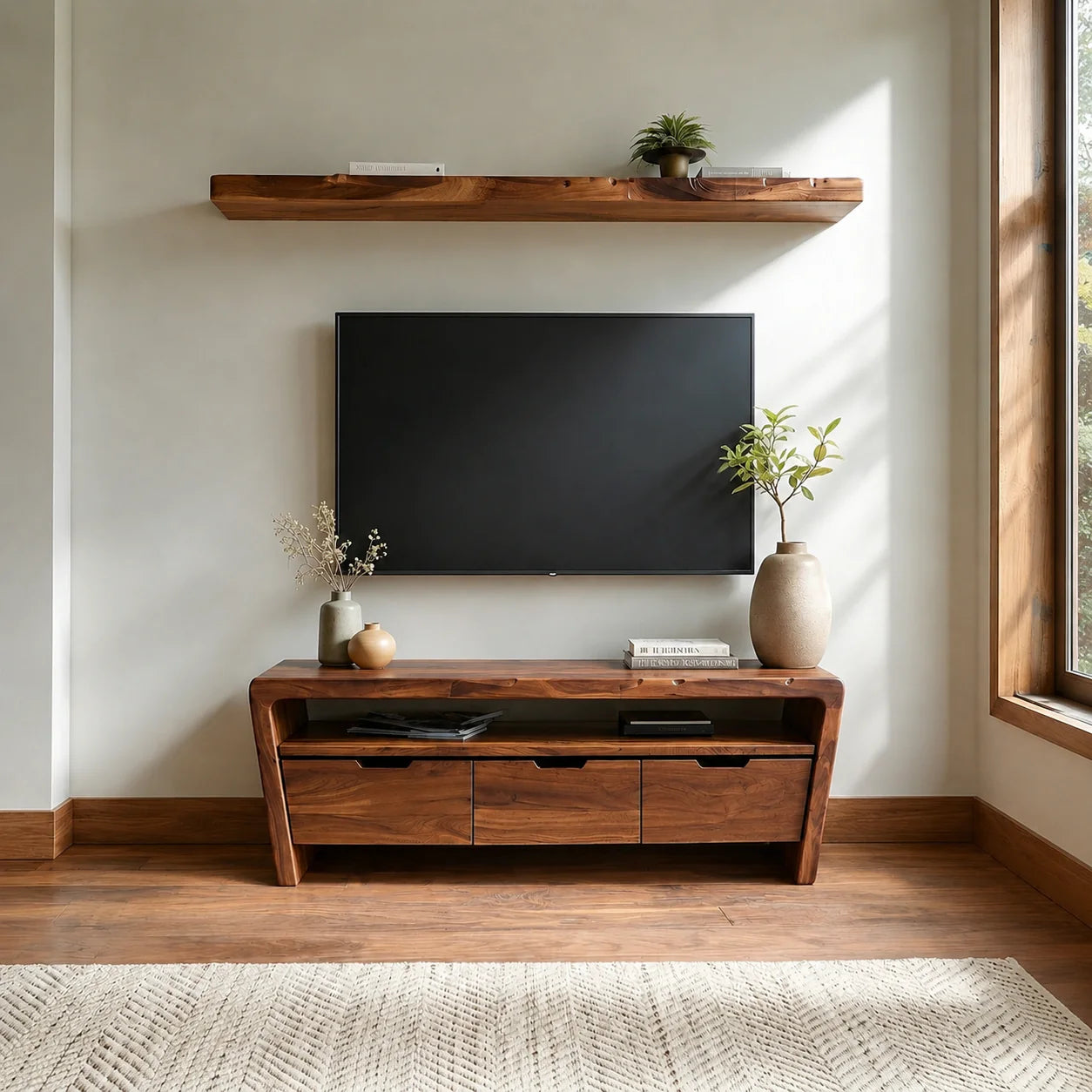 Handcrafted Solid Wood TV Stand with Rounded Frame and Hidden Drawer Storage - Rustiracraft