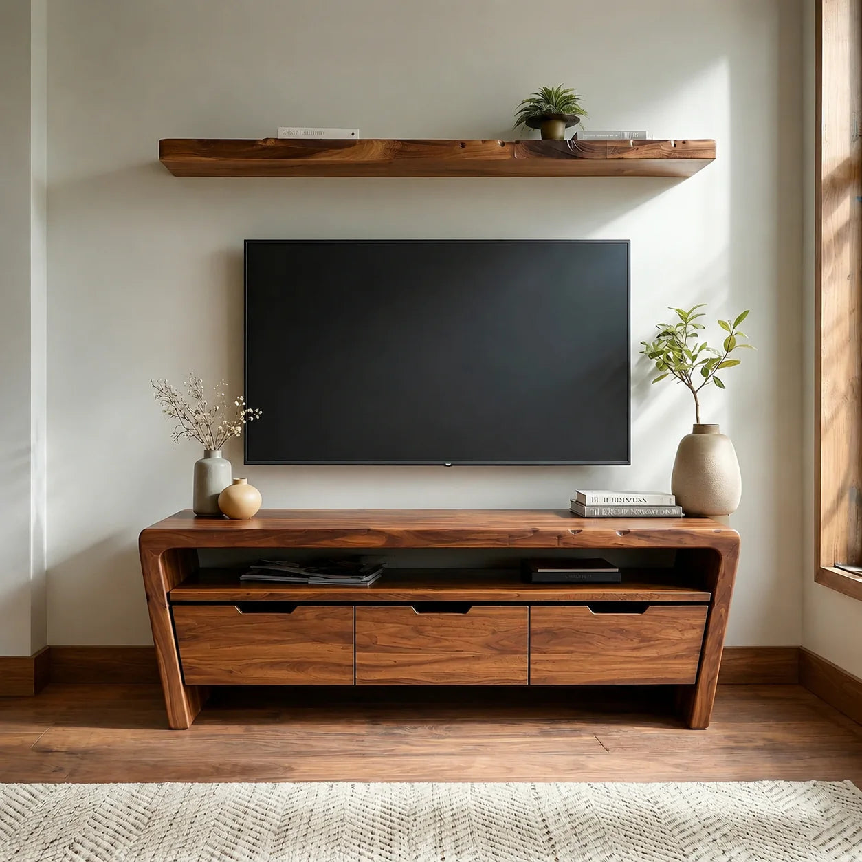 Handcrafted Solid Wood TV Stand with Rounded Frame and Hidden Drawer Storage - Rustiracraft