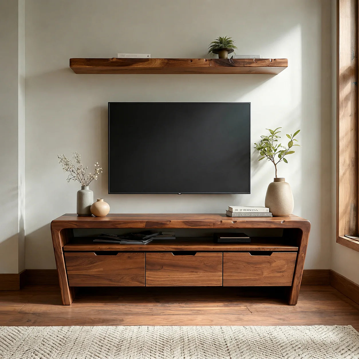 Handcrafted Solid Wood TV Stand with Rounded Frame and Hidden Drawer Storage - Rustiracraft