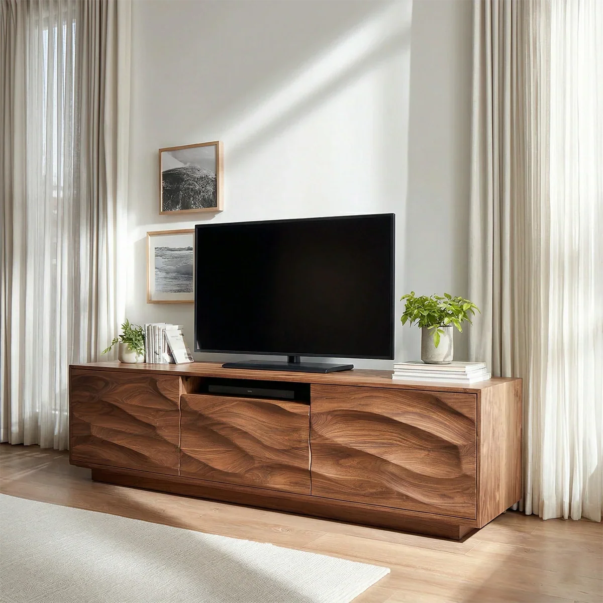 Handcrafted Solid Wood TV Stand with Sculpted Wave Cabinets and Center Media Storage - Rustiracraft 