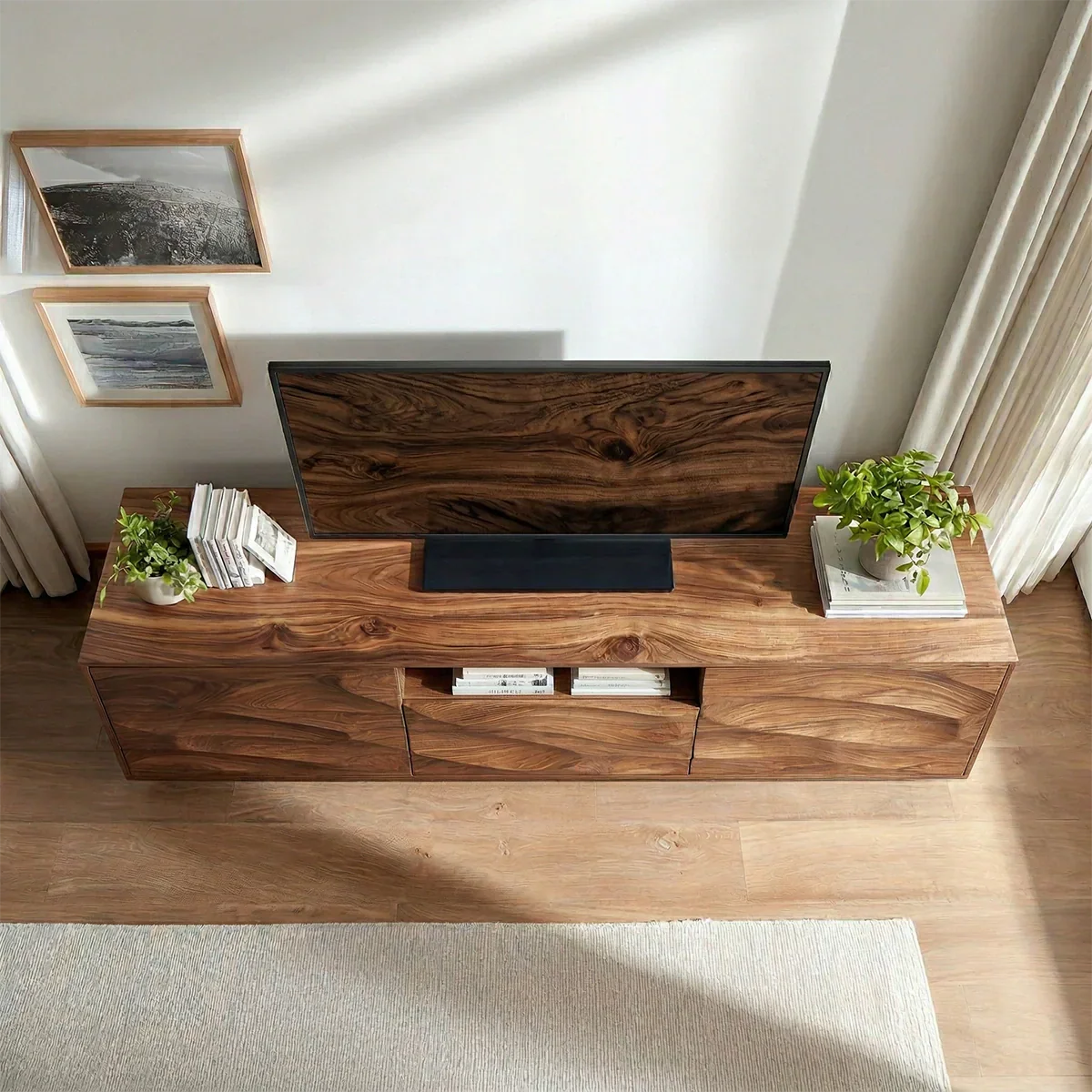 Handcrafted Solid Wood TV Stand with Sculpted Wave Cabinets and Center Media Storage - Rustiracraft 