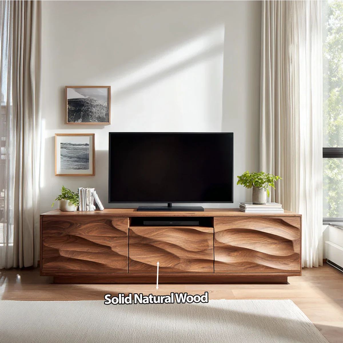Handcrafted Solid Wood TV Stand with Sculpted Wave Cabinets and Center Media Storage - Rustiracraft 