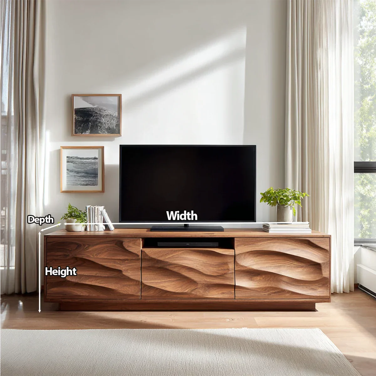 Handcrafted Solid Wood TV Stand with Sculpted Wave Cabinets and Center Media Storage - Rustiracraft 