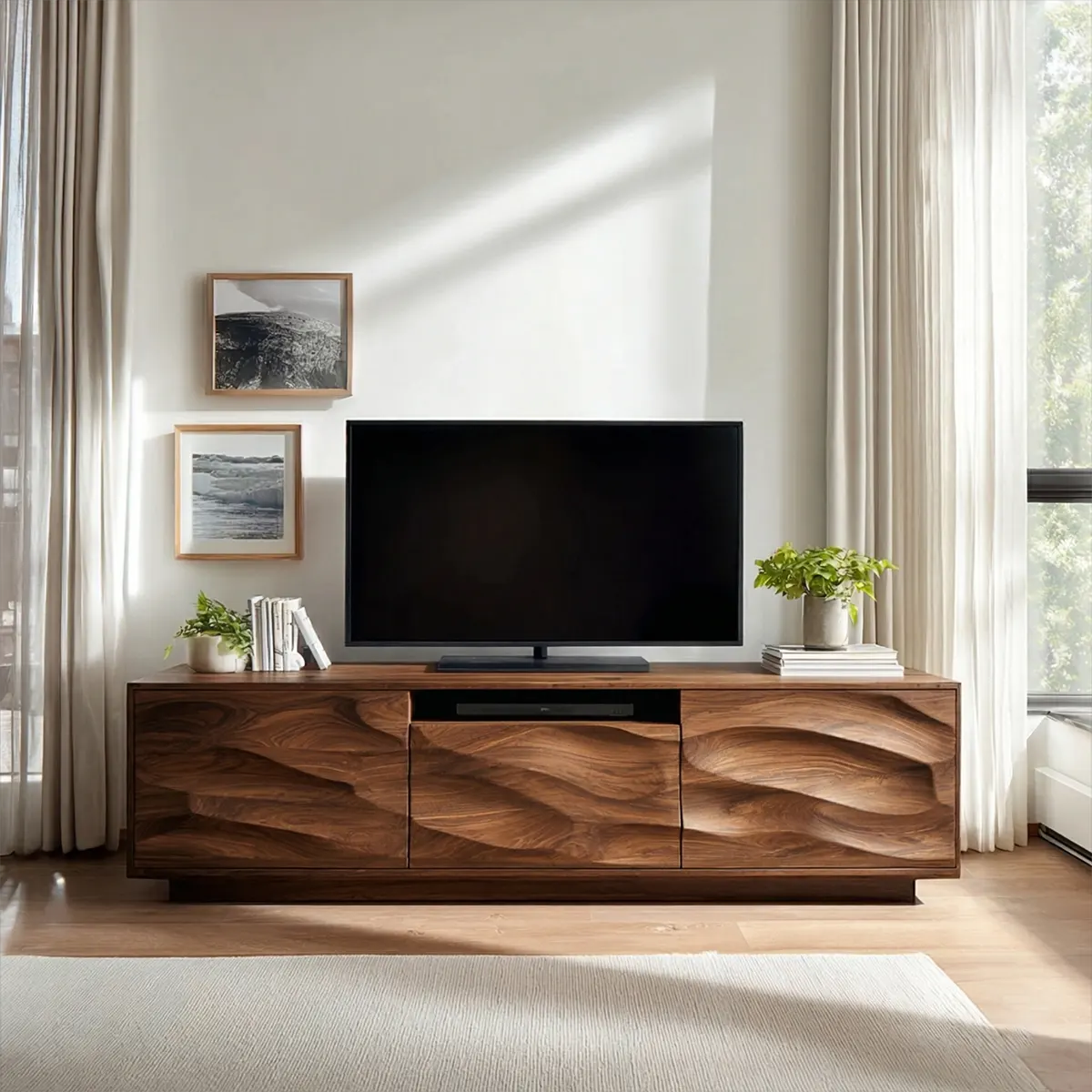 Handcrafted Solid Wood TV Stand with Sculpted Wave Cabinets and Center Media Storage - Rustiracraft 