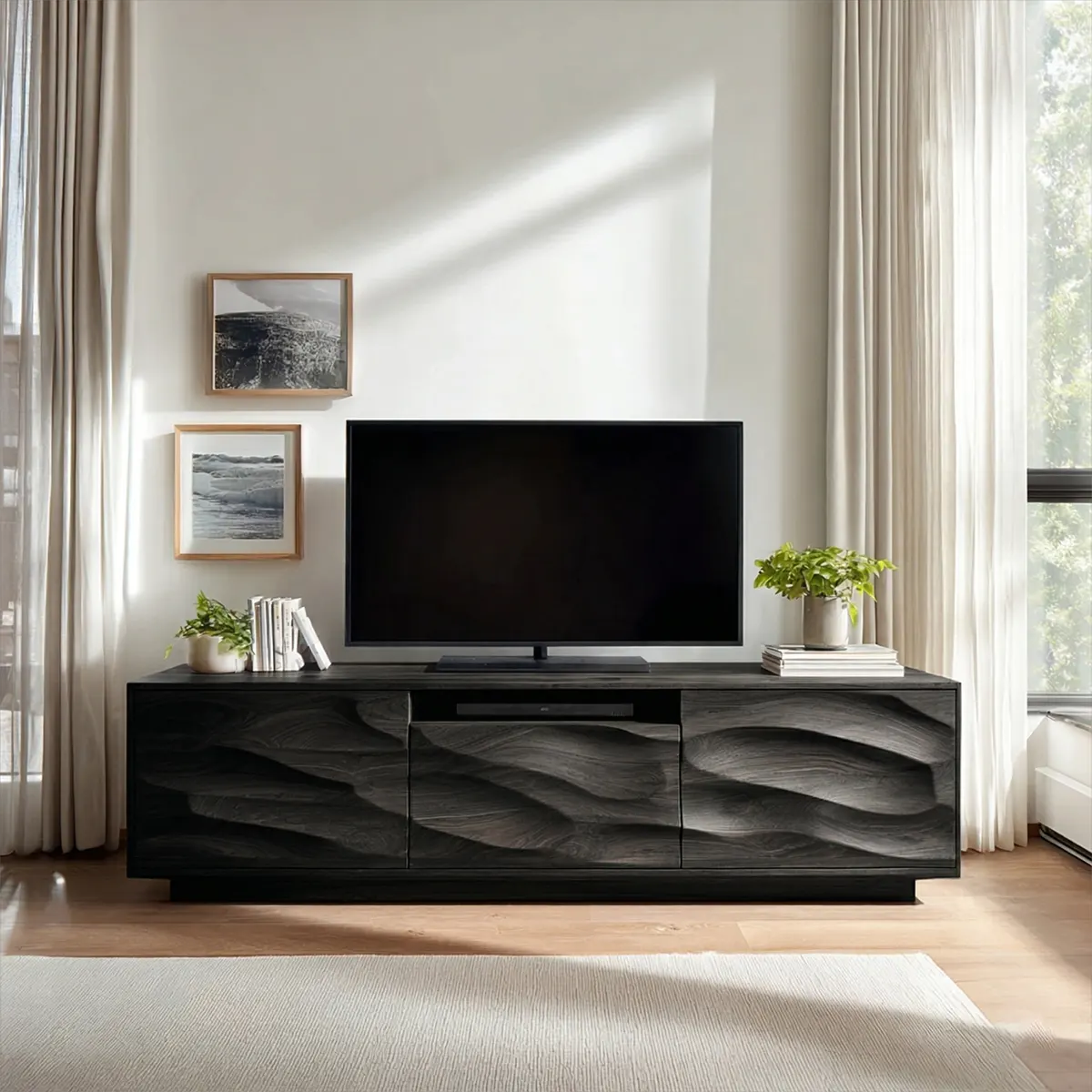 Handcrafted Solid Wood TV Stand with Sculpted Wave Cabinets and Center Media Storage - Rustiracraft 