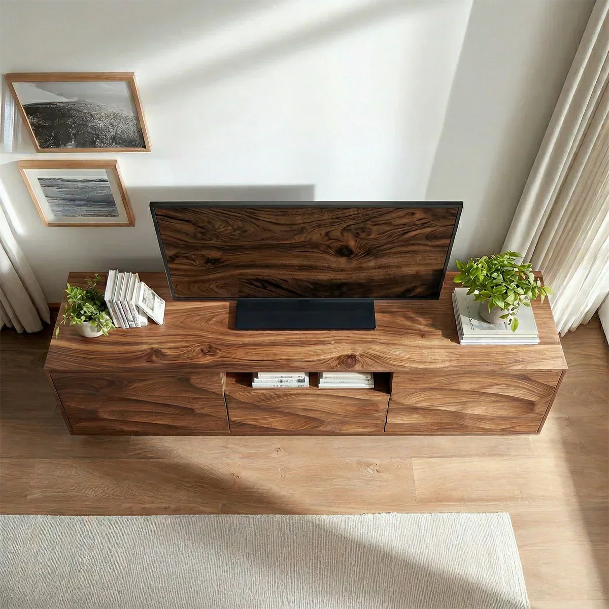 Handcrafted Solid Wood TV Stand with Sculpted Wave Cabinets and Center Media Storage - Rustiracraft