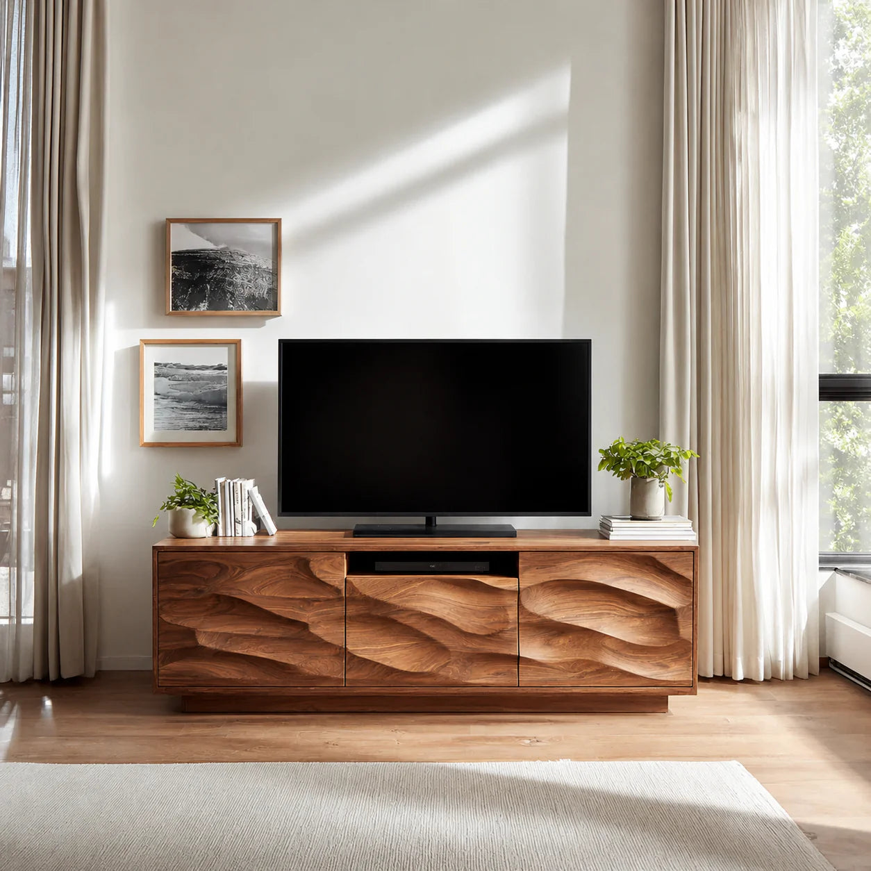 Handcrafted Solid Wood TV Stand with Sculpted Wave Cabinets and Center Media Storage - Rustiracraft