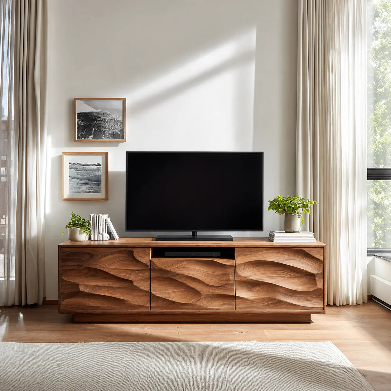 Handcrafted Solid Wood TV Stand with Sculpted Wave Cabinets and Center Media Storage - Rustiracraft