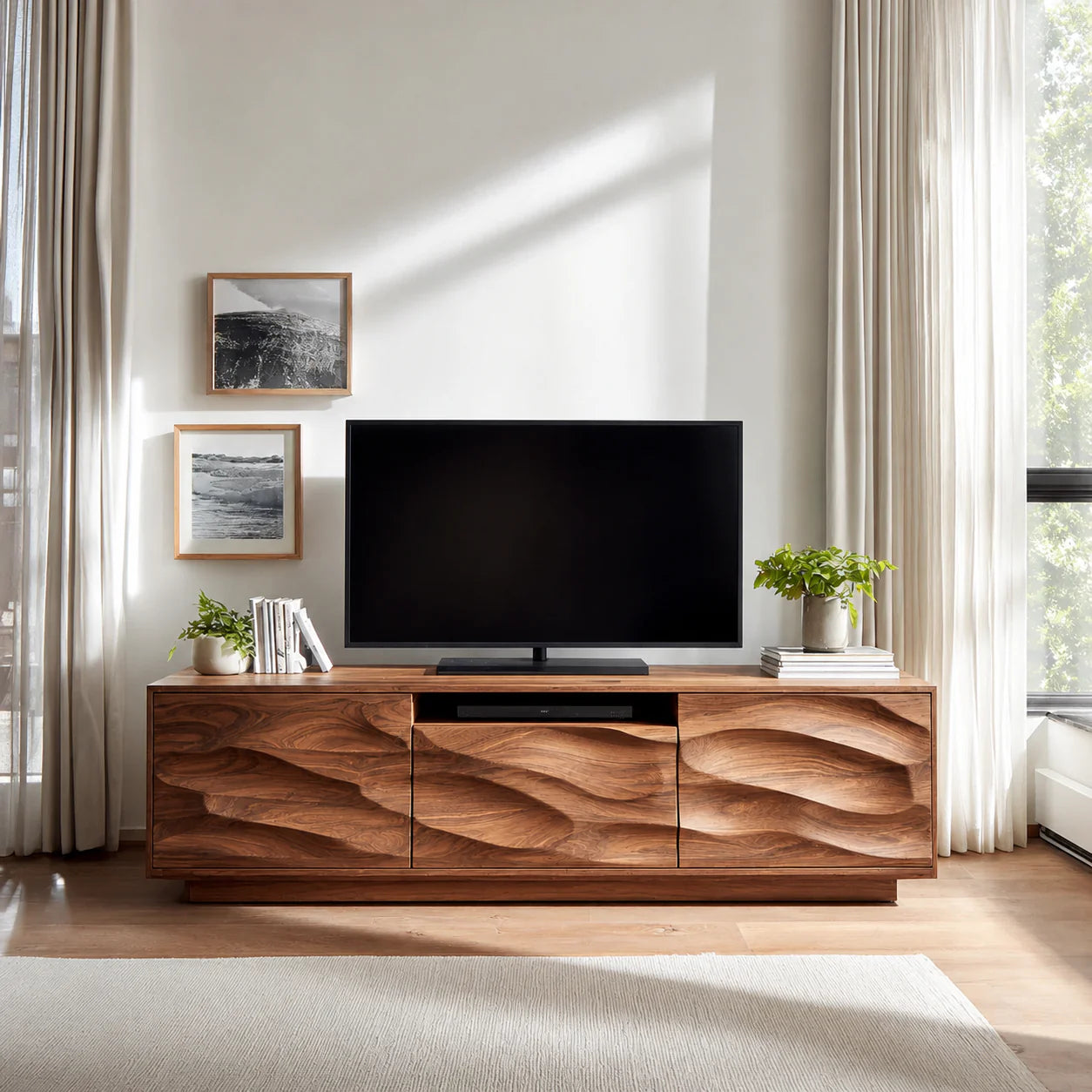 Handcrafted Solid Wood TV Stand with Sculpted Wave Cabinets and Center Media Storage - Rustiracraft