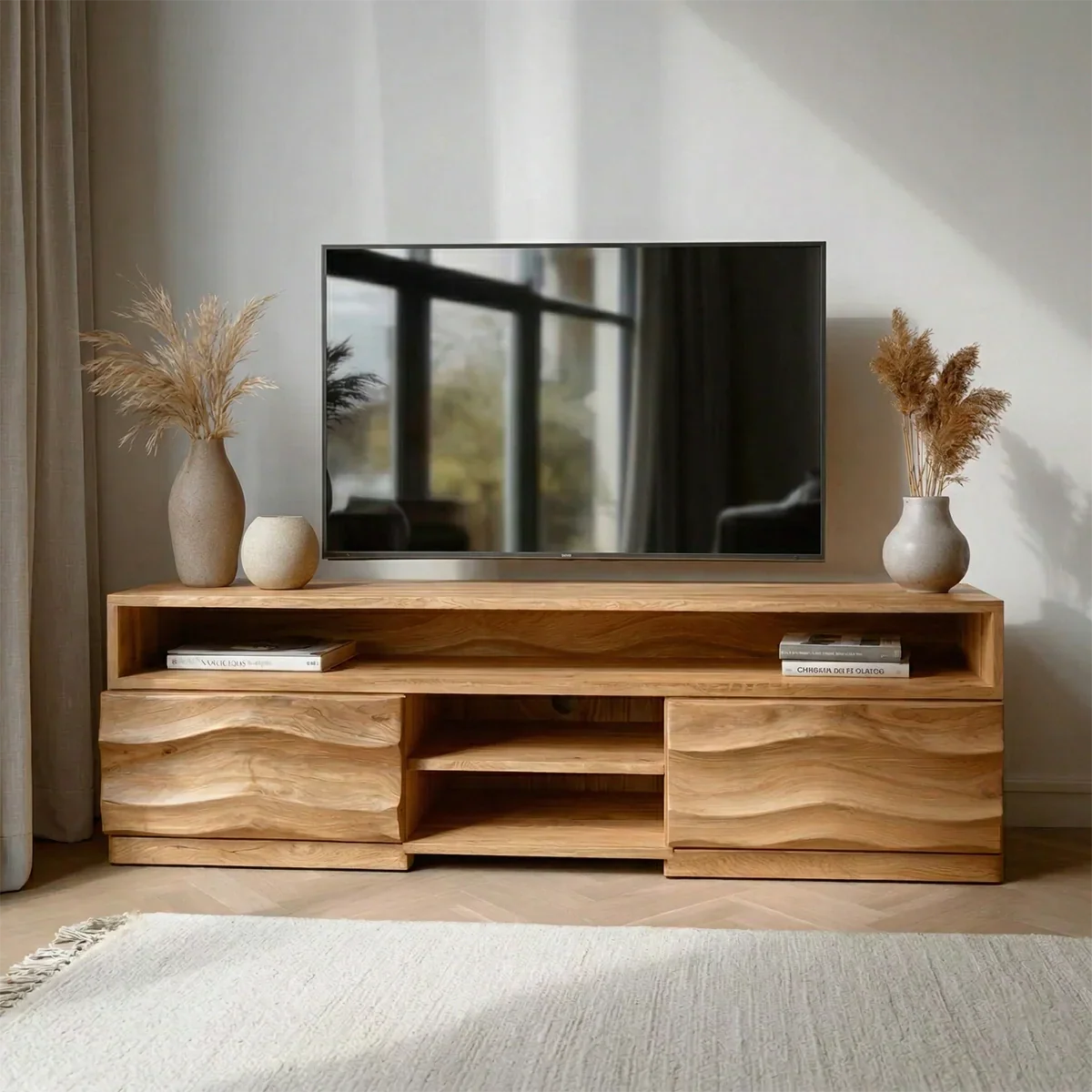 Handcrafted Solid Wood TV Stand with Sculpted Wave Cabinets and Layered Open Shelving - Rustiracraft 