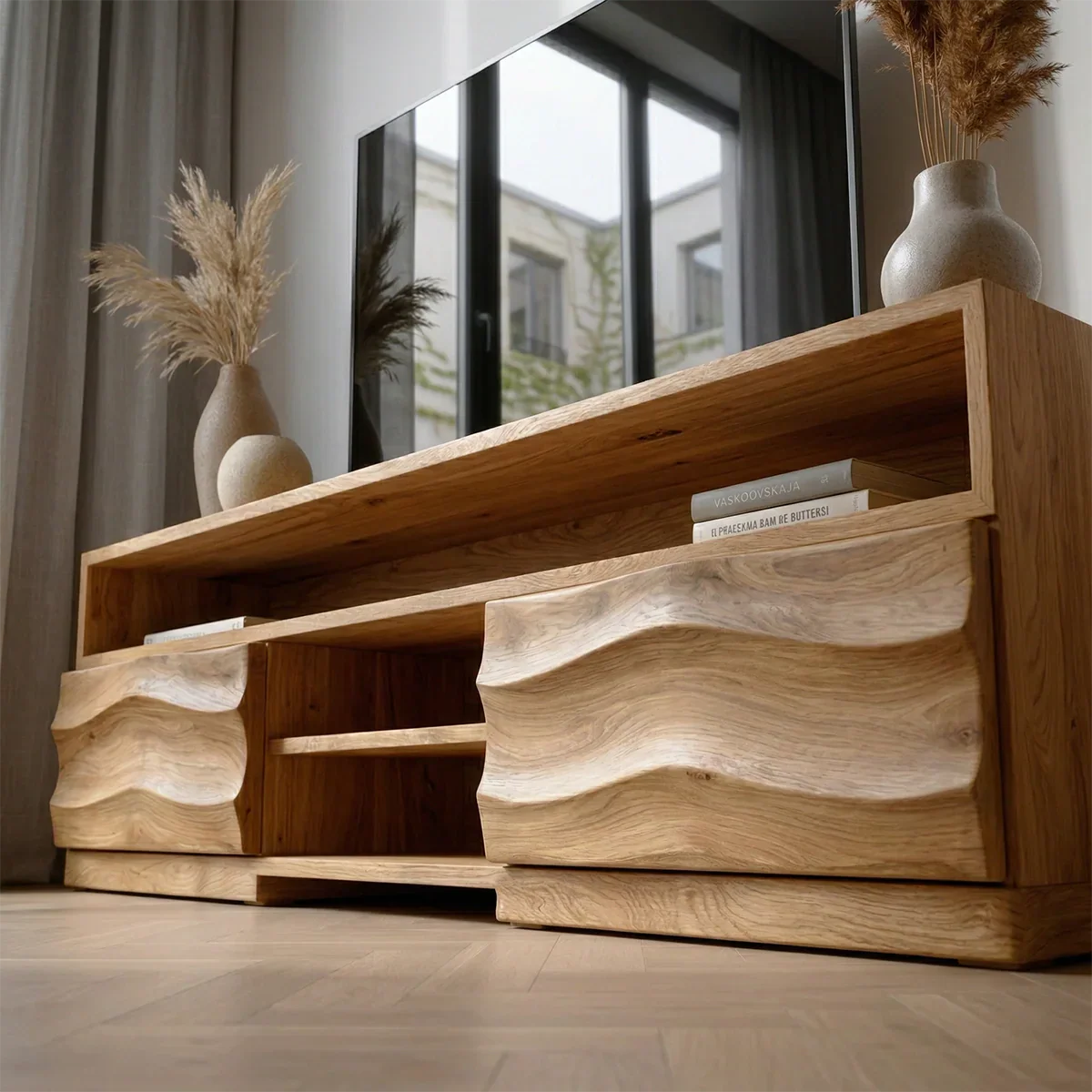 Handcrafted Solid Wood TV Stand with Sculpted Wave Cabinets and Layered Open Shelving - Rustiracraft 