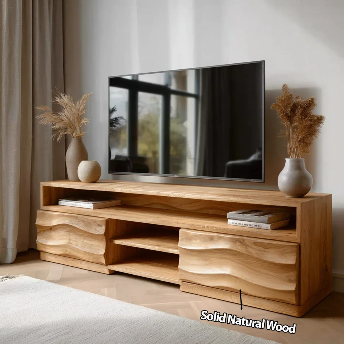 Handcrafted Solid Wood TV Stand with Sculpted Wave Cabinets and Layered Open Shelving - Rustiracraft 