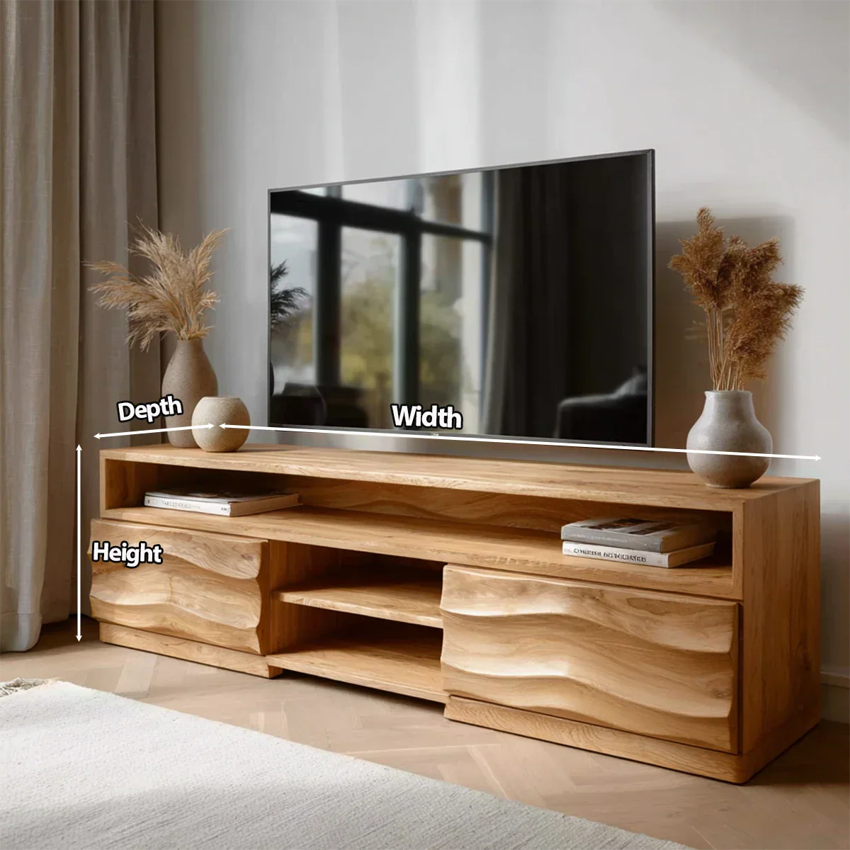 Handcrafted Solid Wood TV Stand with Sculpted Wave Cabinets and Layered Open Shelving - Rustiracraft 