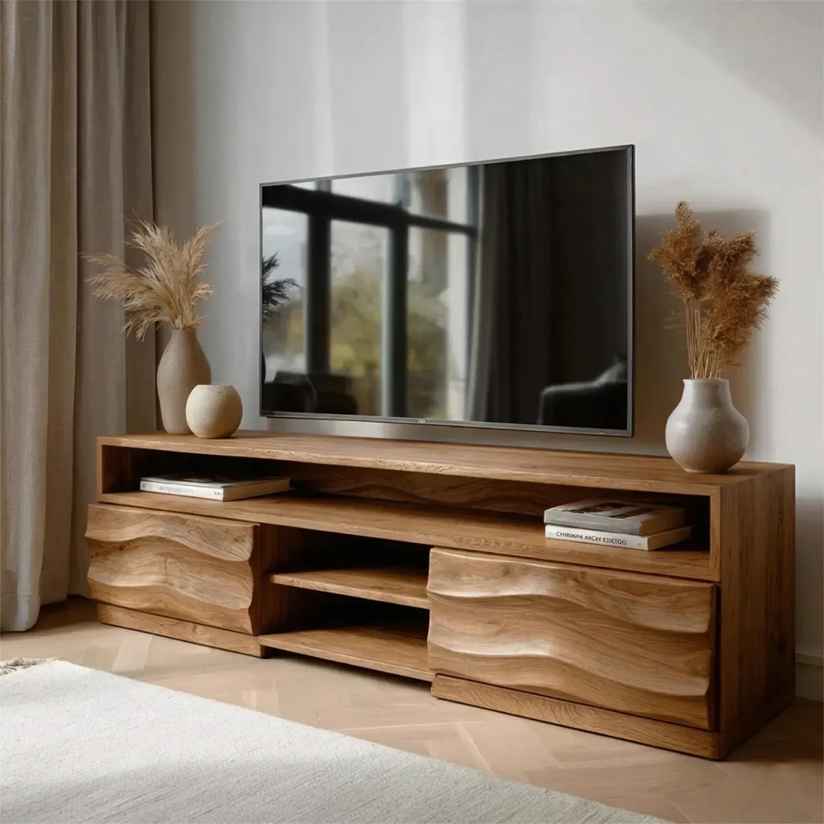 Handcrafted Solid Wood TV Stand with Sculpted Wave Cabinets and Layered Open Shelving - Rustiracraft 