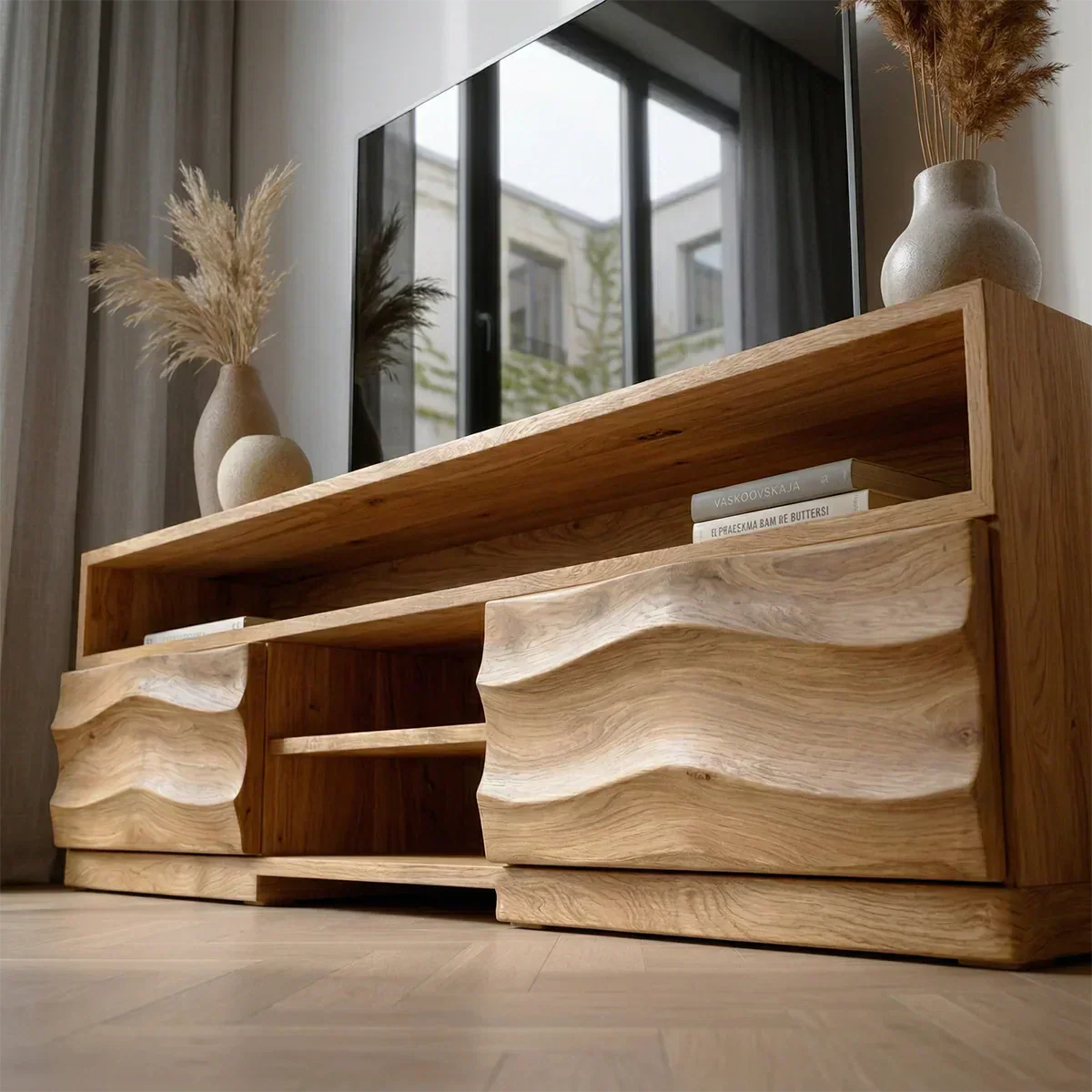 Handcrafted Solid Wood TV Stand with Sculpted Wave Cabinets and Layered Open Shelving - Rustiracraft