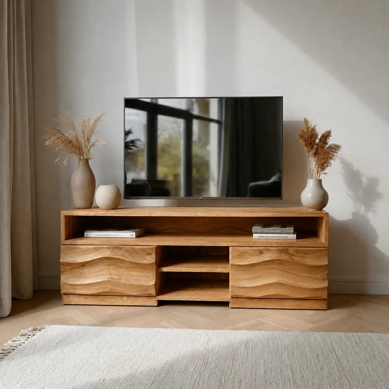 Handcrafted Solid Wood TV Stand with Sculpted Wave Cabinets and Layered Open Shelving - Rustiracraft