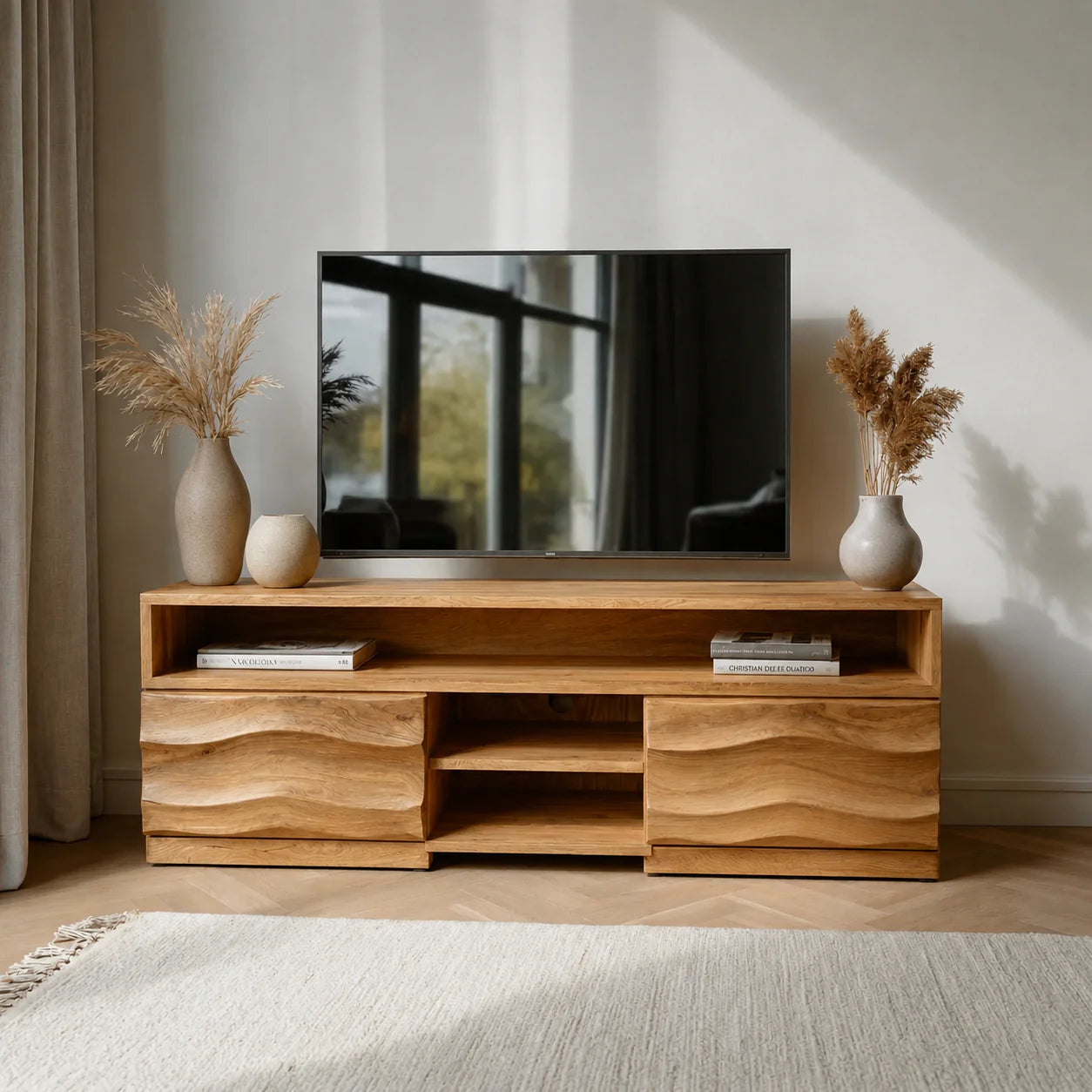Handcrafted Solid Wood TV Stand with Sculpted Wave Cabinets and Layered Open Shelving - Rustiracraft