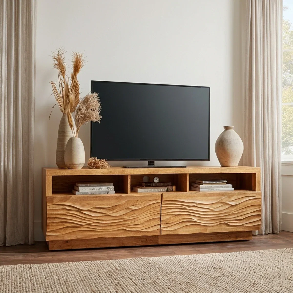 Handcrafted Solid Wood TV Stand with Sculpted Wave Doors and Open Media Compartments - Rustiracraft 