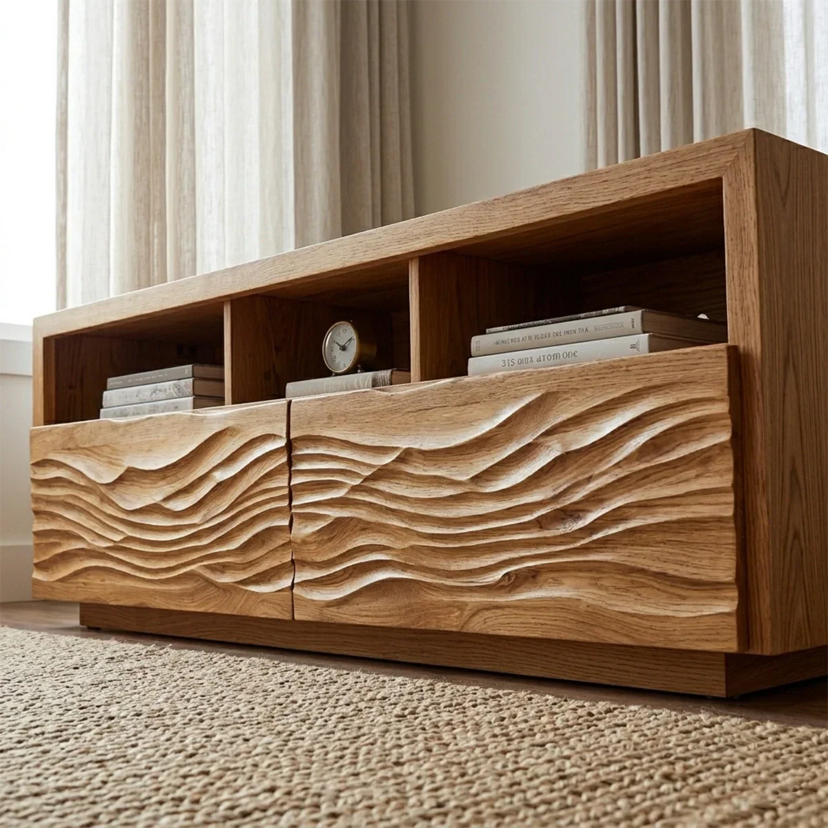 Handcrafted Solid Wood TV Stand with Sculpted Wave Doors and Open Media Compartments - Rustiracraft 