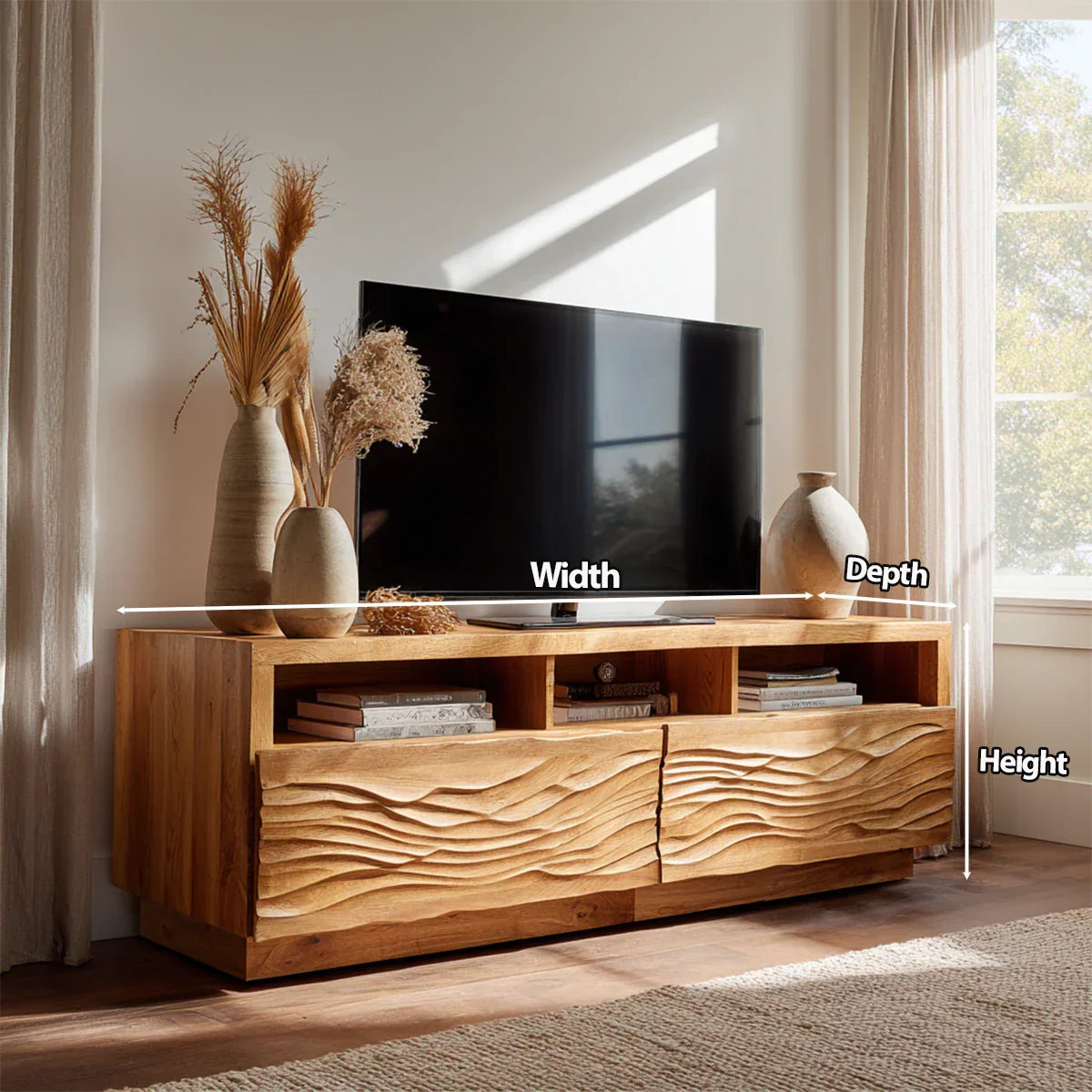 Handcrafted Solid Wood TV Stand with Sculpted Wave Doors and Open Media Compartments - Rustiracraft 