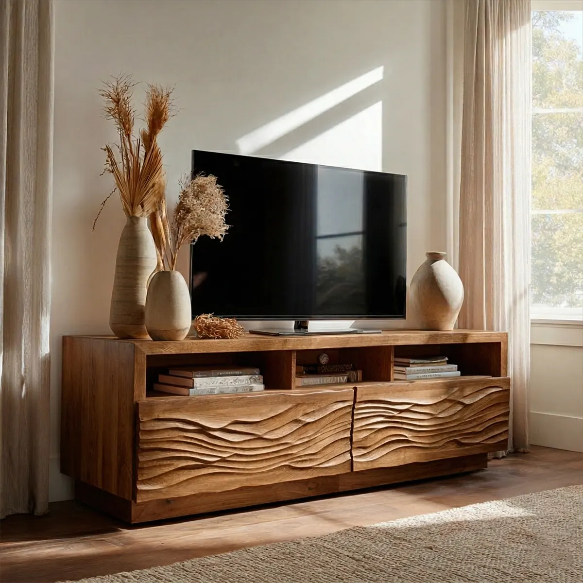 Handcrafted Solid Wood TV Stand with Sculpted Wave Doors and Open Media Compartments - Rustiracraft 