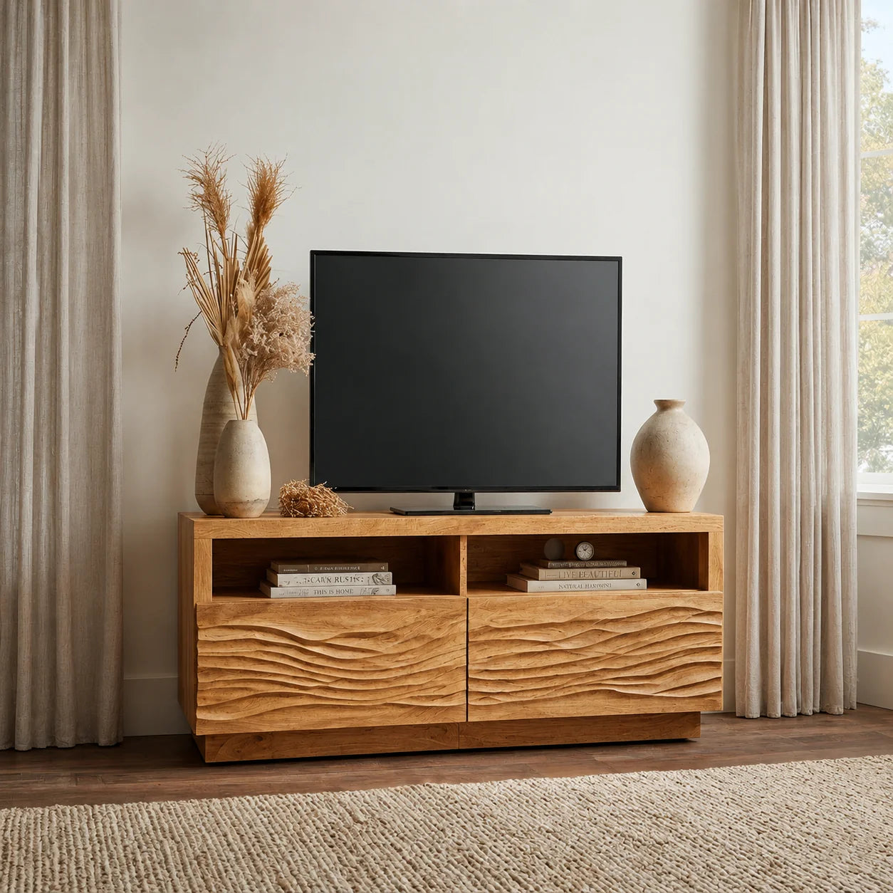 Handcrafted Solid Wood TV Stand with Sculpted Wave Doors and Open Media Compartments - Rustiracraft