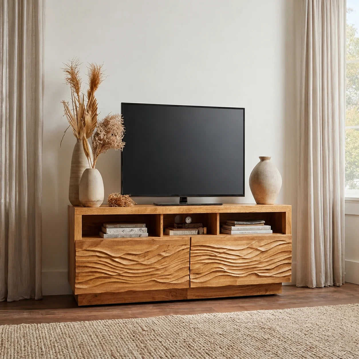 Handcrafted Solid Wood TV Stand with Sculpted Wave Doors and Open Media Compartments - Rustiracraft