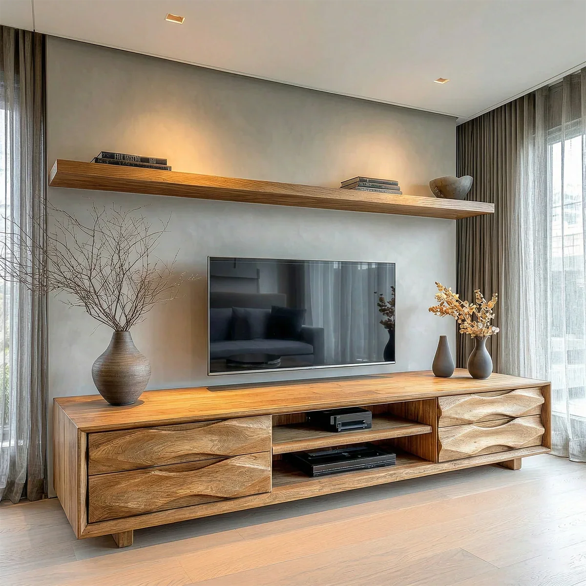 Handcrafted Solid Wood TV Stand with Sculpted Wave Drawers and Center Media Storage - Rustiracraft 