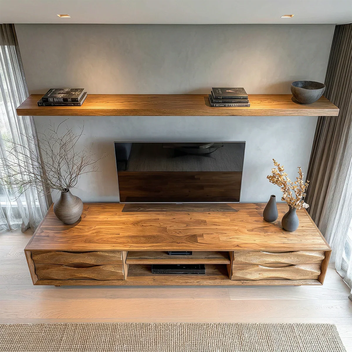 Handcrafted Solid Wood TV Stand with Sculpted Wave Drawers and Center Media Storage - Rustiracraft 