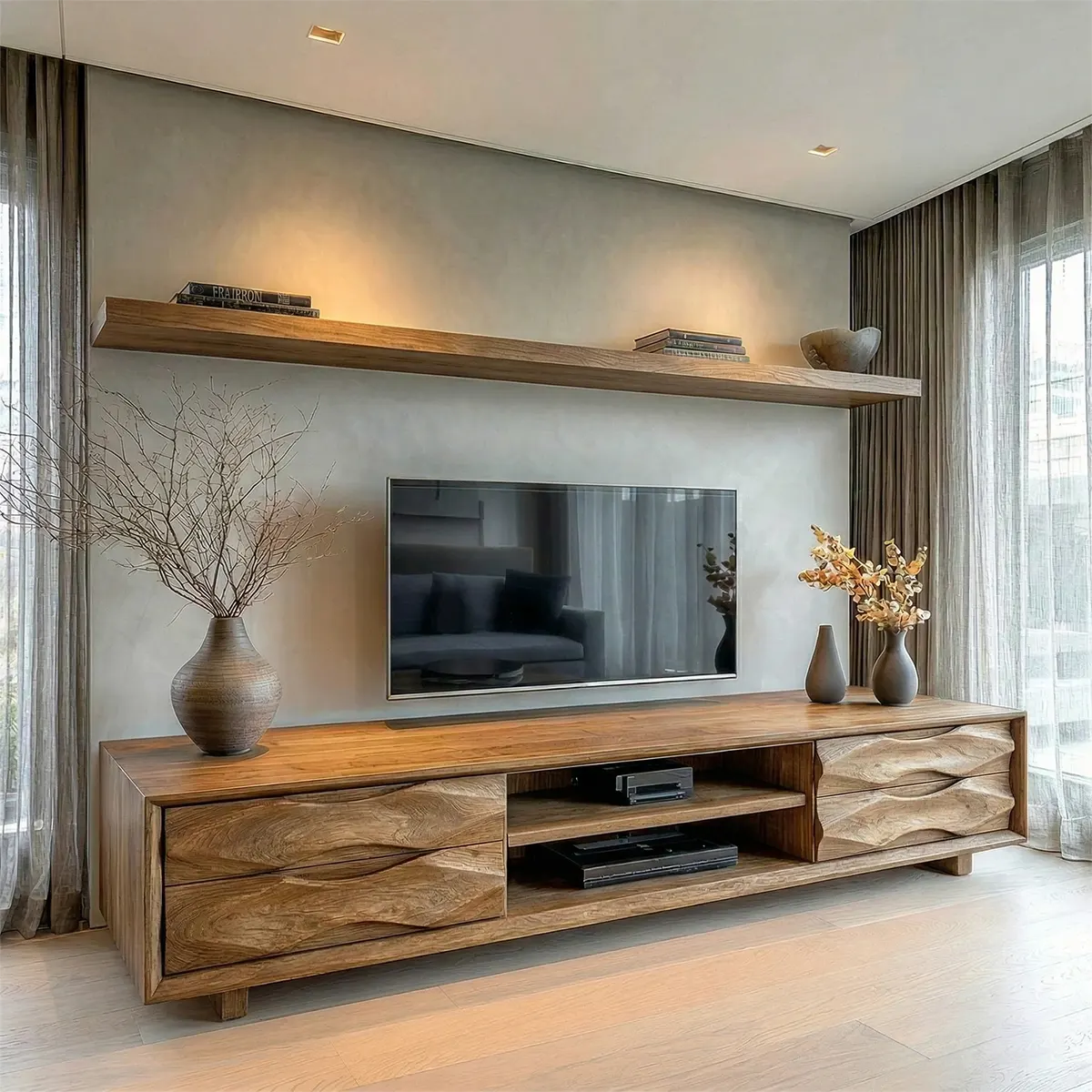 Handcrafted Solid Wood TV Stand with Sculpted Wave Drawers and Center Media Storage - Rustiracraft 