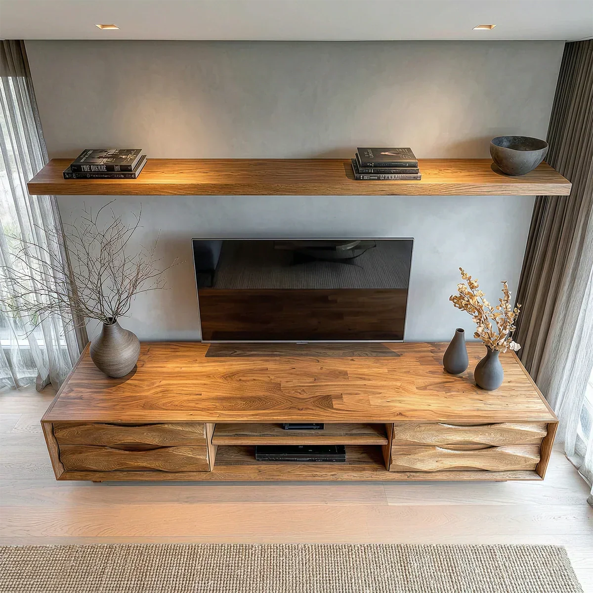 Handcrafted Solid Wood TV Stand with Sculpted Wave Drawers and Center Media Storage - Rustiracraft