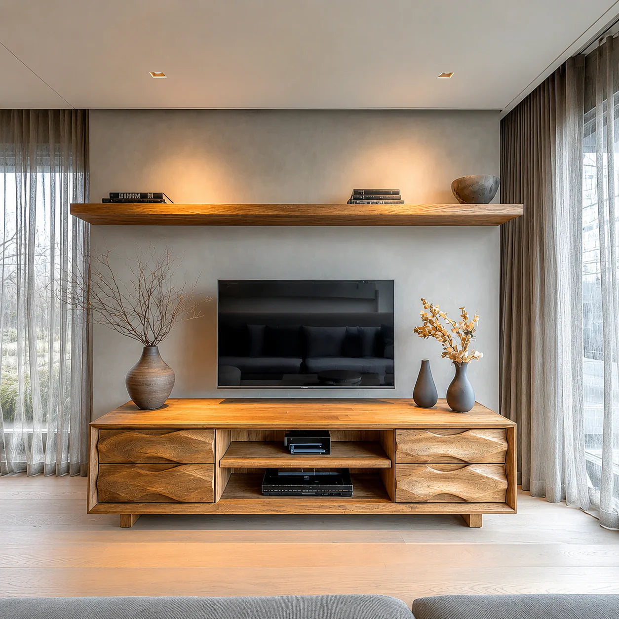Handcrafted Solid Wood TV Stand with Sculpted Wave Drawers and Center Media Storage - Rustiracraft