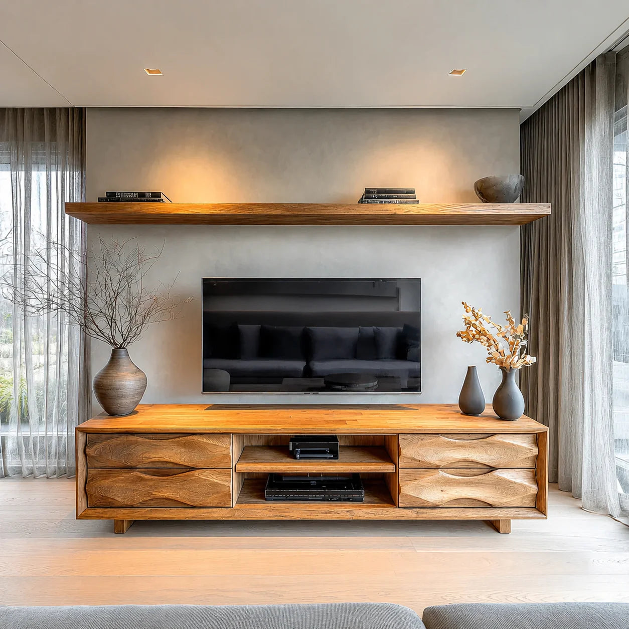 Handcrafted Solid Wood TV Stand with Sculpted Wave Drawers and Center Media Storage - Rustiracraft