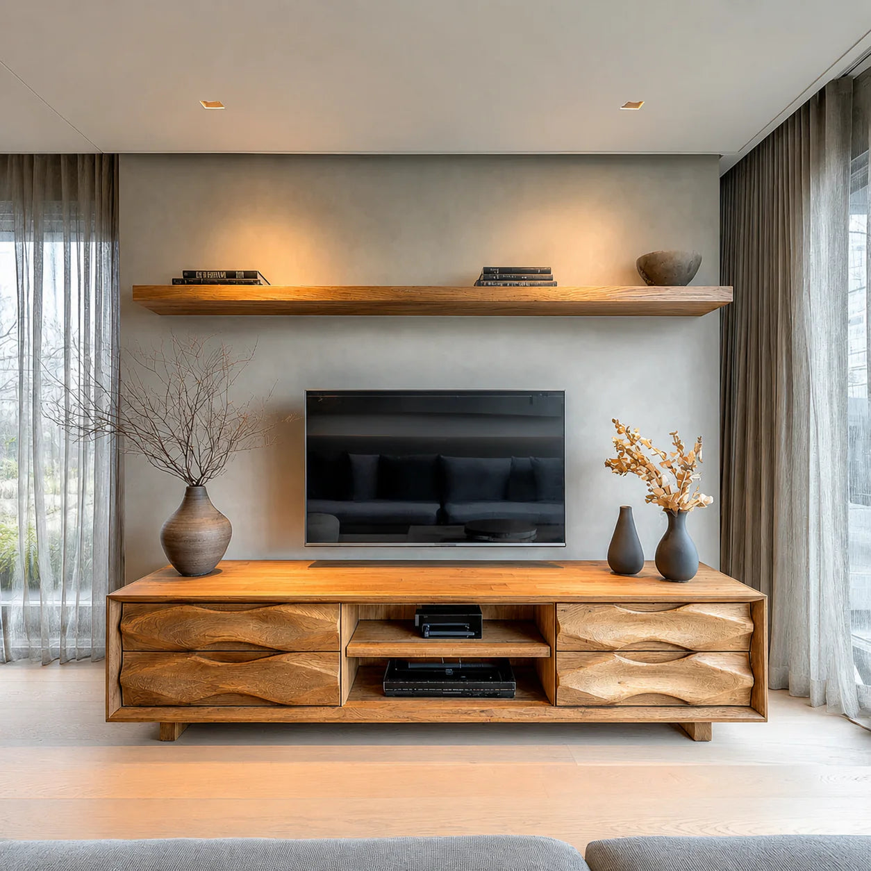 Handcrafted Solid Wood TV Stand with Sculpted Wave Drawers and Center Media Storage - Rustiracraft