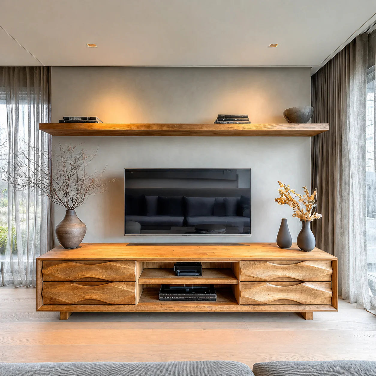 Handcrafted Solid Wood TV Stand with Sculpted Wave Drawers and Center Media Storage - Rustiracraft