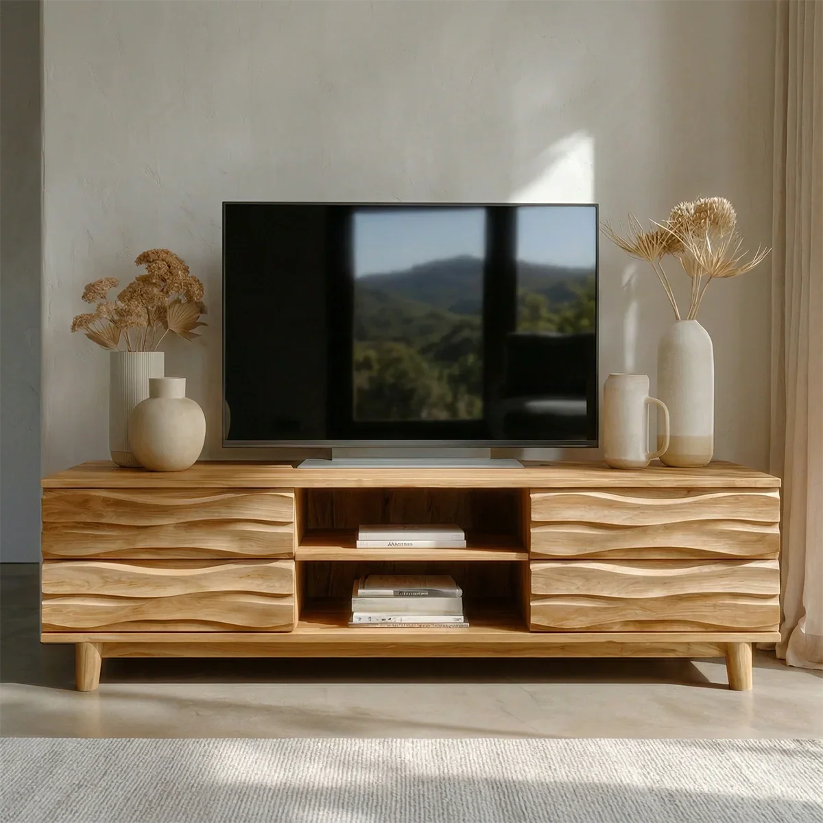 Handcrafted Solid Wood TV Stand with Sculpted Wave Drawers and Center Open Shelving - Rustiracraft 