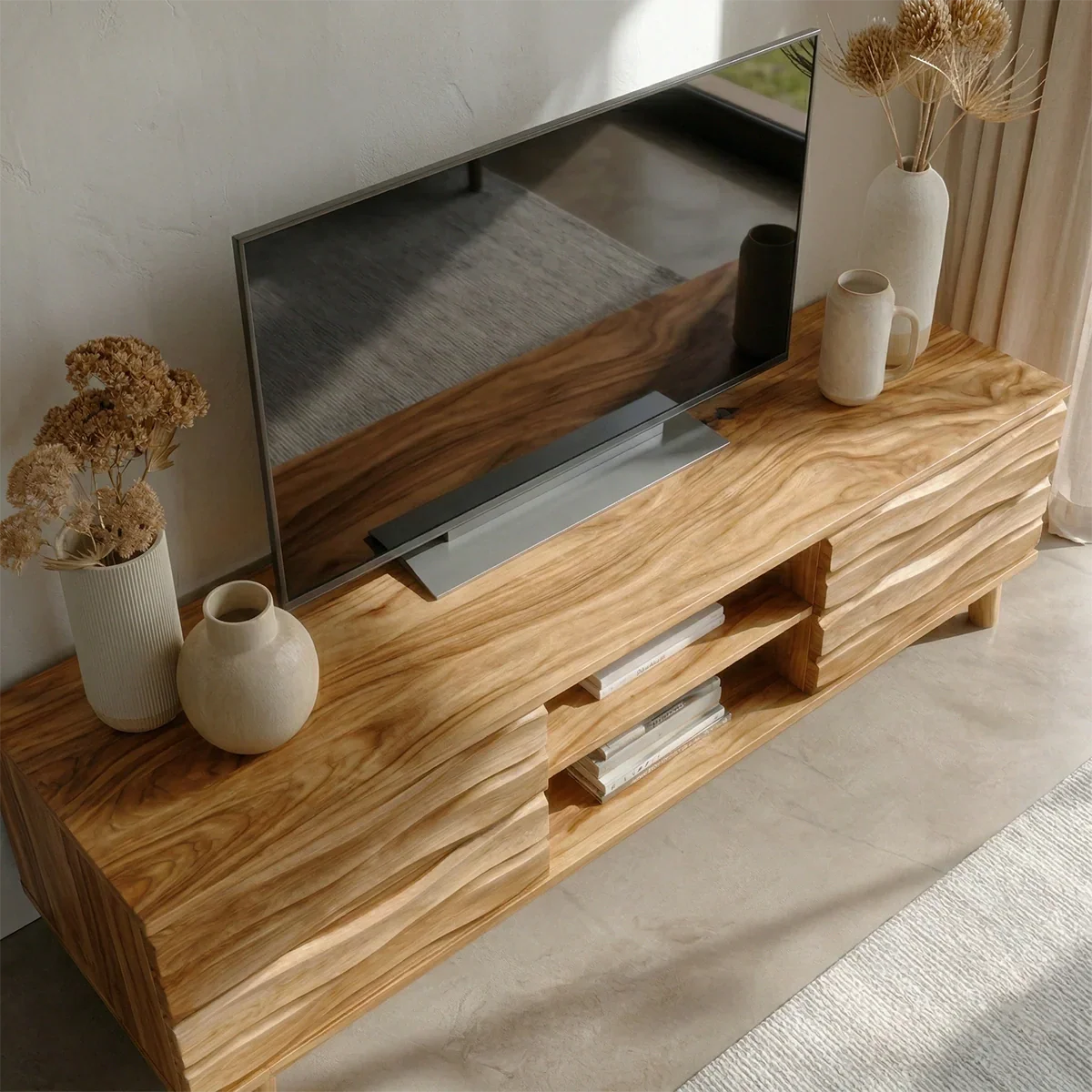 Handcrafted Solid Wood TV Stand with Sculpted Wave Drawers and Center Open Shelving - Rustiracraft 