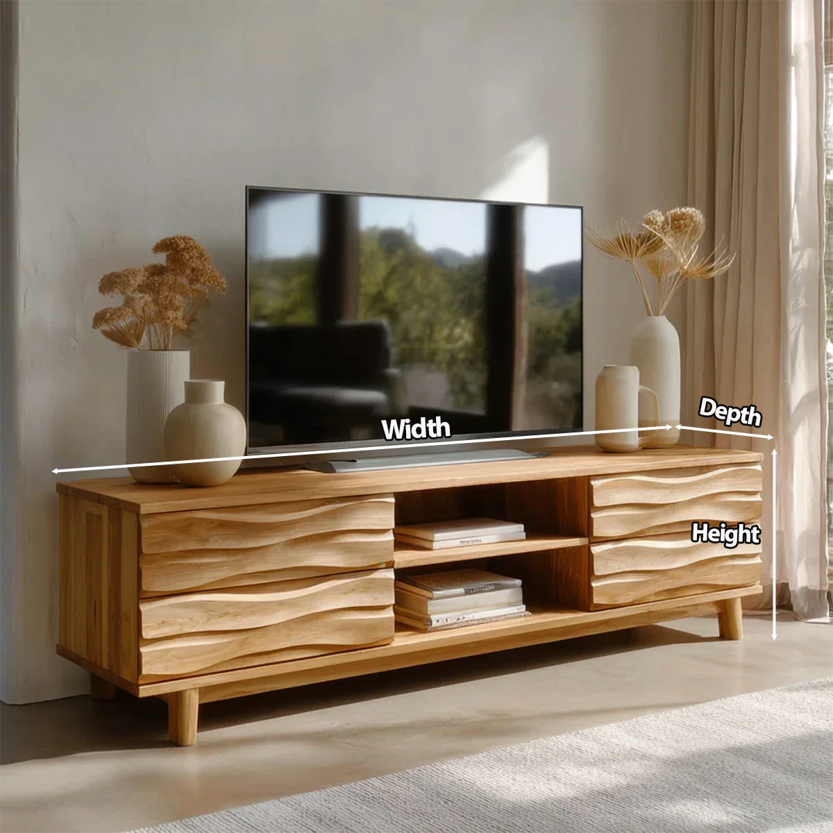 Handcrafted Solid Wood TV Stand with Sculpted Wave Drawers and Center Open Shelving - Rustiracraft 