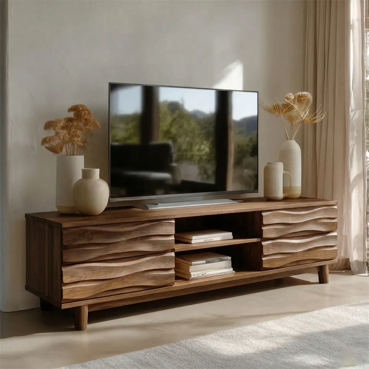 Handcrafted Solid Wood TV Stand with Sculpted Wave Drawers and Center Open Shelving - Rustiracraft 